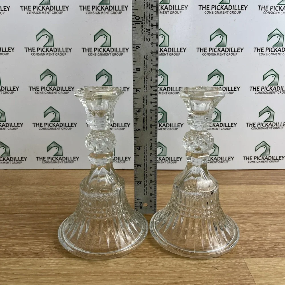 Vintage Indiana Clear Pressed Glass Taper Candlestick Holders Pair 7.5in